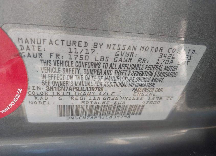 Photo 9 of 2018 Nissan Versa 1.6 SV (VIN 3N1CN7AP9JL839798)