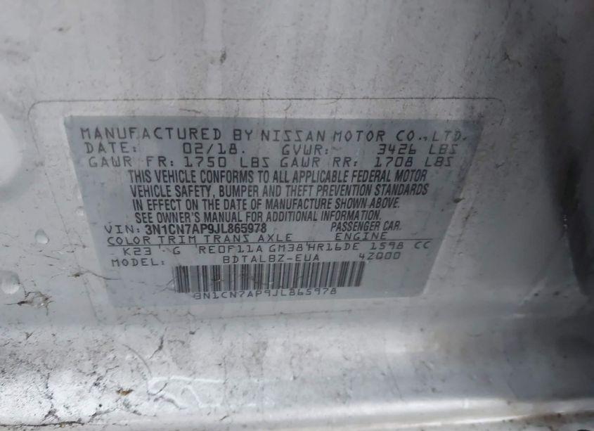 Photo 9 of 2018 Nissan Versa 1.6 SV (VIN 3N1CN7AP9JL865978)