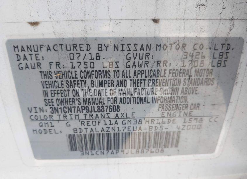 Photo 9 of 2018 Nissan Versa 1.6 S+ (VIN 3N1CN7AP9JL887608)