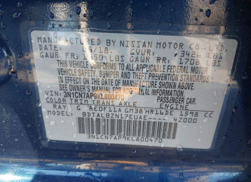 Photo 9 of 2019 Nissan Versa 1.6 SV (VIN 3N1CN7AP9KL800470)