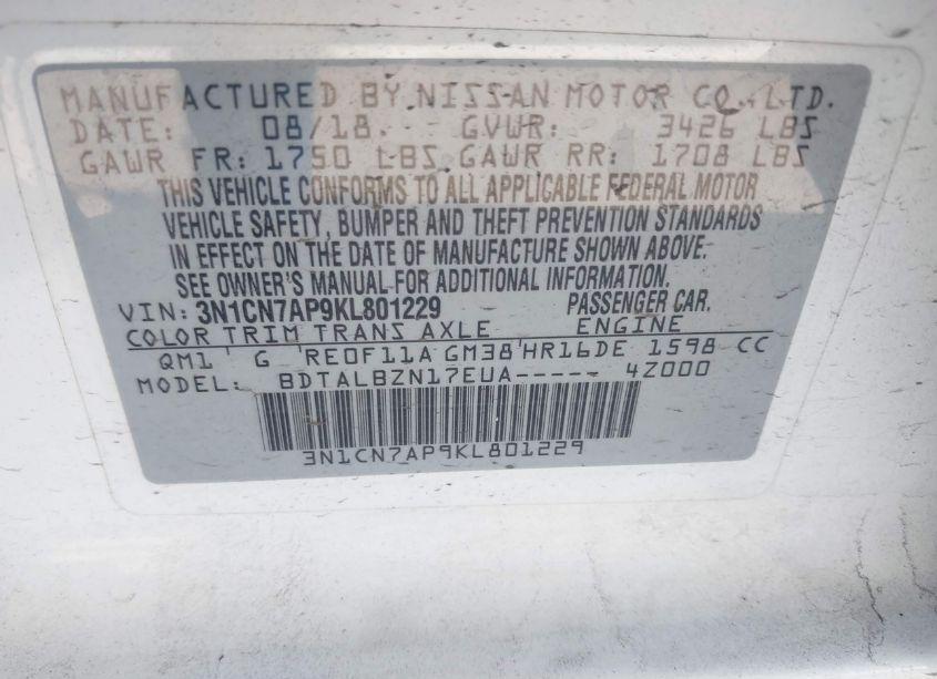 Photo 9 of 2019 Nissan Versa 1.6 SV (VIN 3N1CN7AP9KL801229)