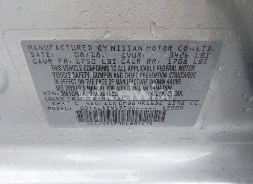 Photo 9 of 2019 Nissan Versa 1.6 S+ (VIN 3N1CN7AP9KL804695)