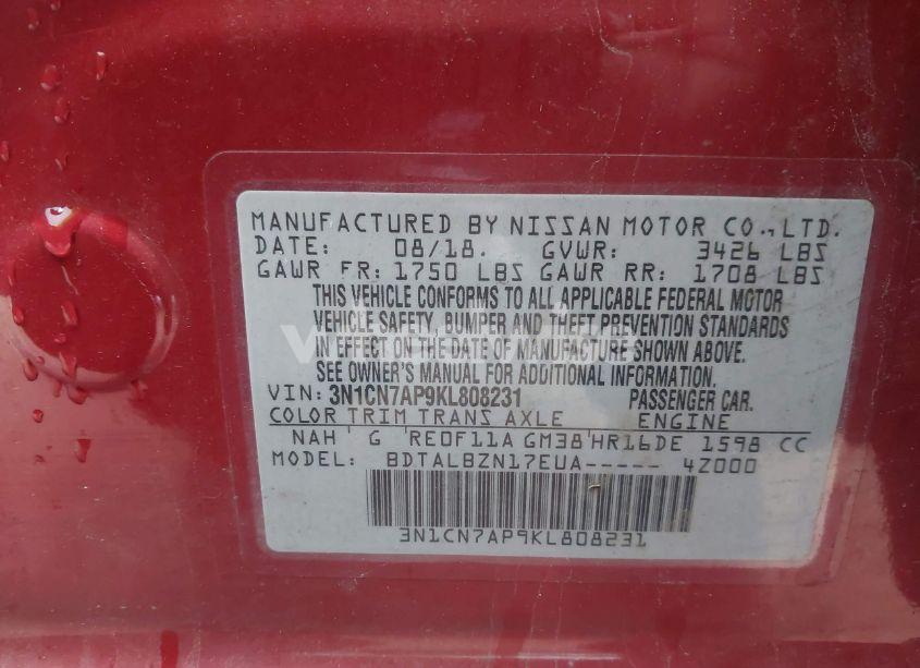 Photo 9 of 2019 Nissan Versa 1.6 SV (VIN 3N1CN7AP9KL808231)