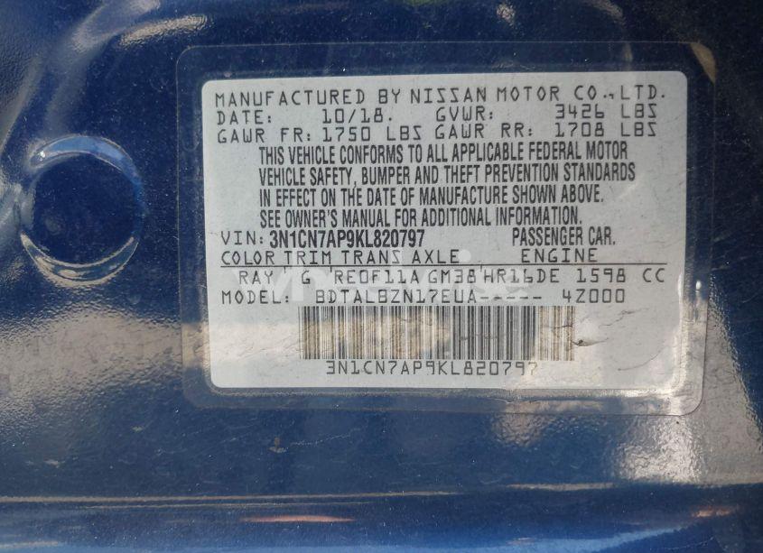 Photo 9 of 2019 Nissan Versa 1.6 SV (VIN 3N1CN7AP9KL820797)