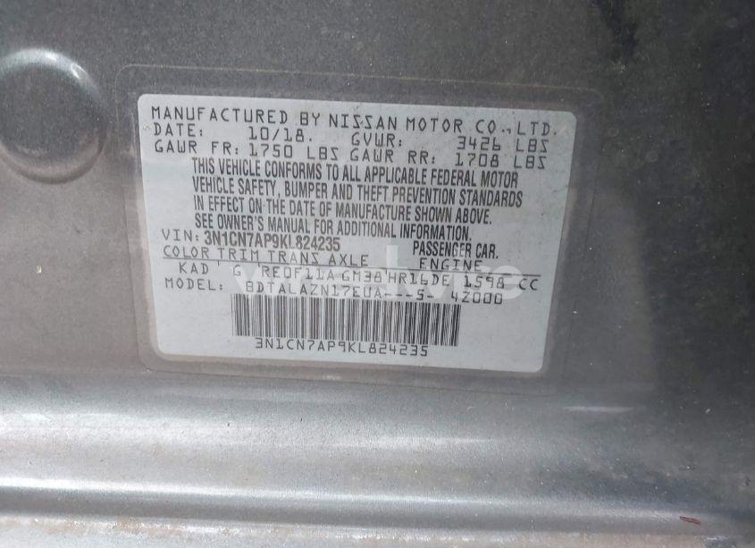 Photo 9 of 2019 Nissan Versa 1.6 S+ (VIN 3N1CN7AP9KL824235)