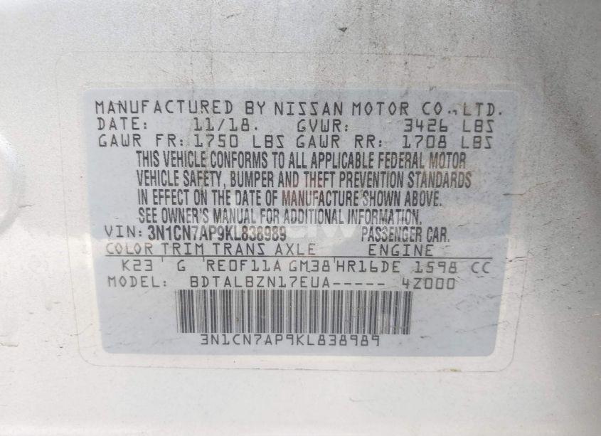 Photo 9 of 2019 Nissan Versa 1.6 SV (VIN 3N1CN7AP9KL838989)