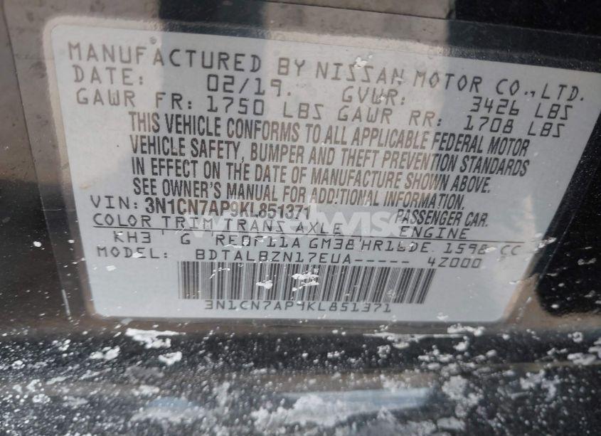 Photo 9 of 2019 Nissan Versa 1.6 SV (VIN 3N1CN7AP9KL851371)