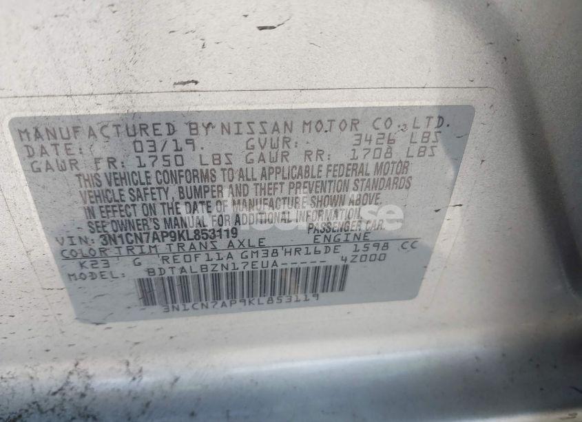 Photo 9 of 2019 Nissan Versa 1.6 SV (VIN 3N1CN7AP9KL853119)