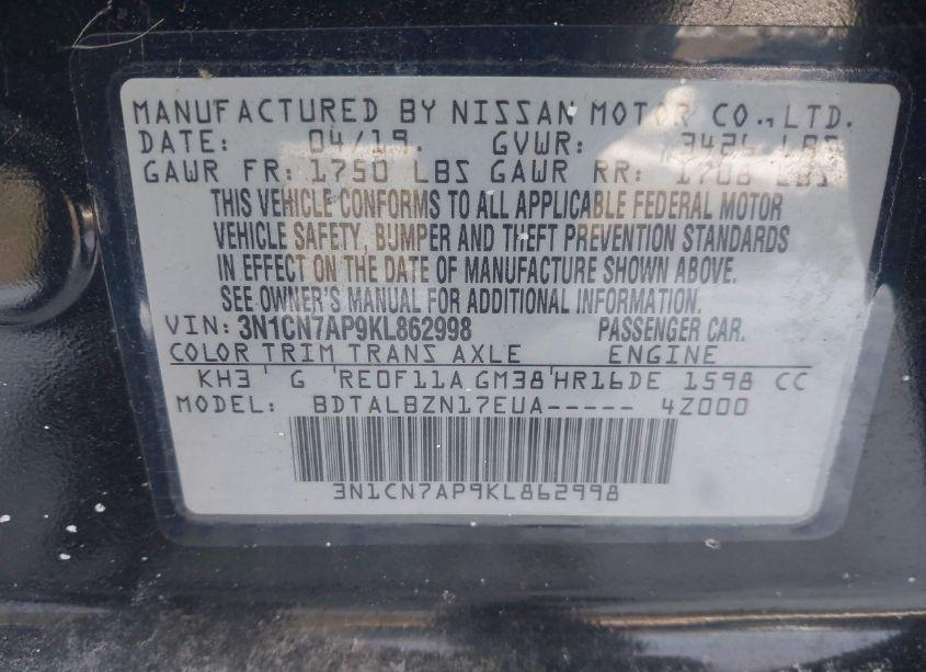 Photo 9 of 2019 Nissan Versa 1.6 SV (VIN 3N1CN7AP9KL862998)