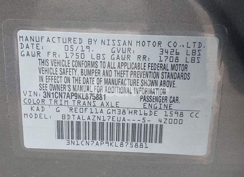 Photo 9 of 2019 Nissan Versa 1.6 S+ (VIN 3N1CN7AP9KL875881)