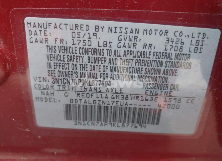 Photo 9 of 2019 Nissan Versa 1.6 SV (VIN 3N1CN7AP9KL877694)