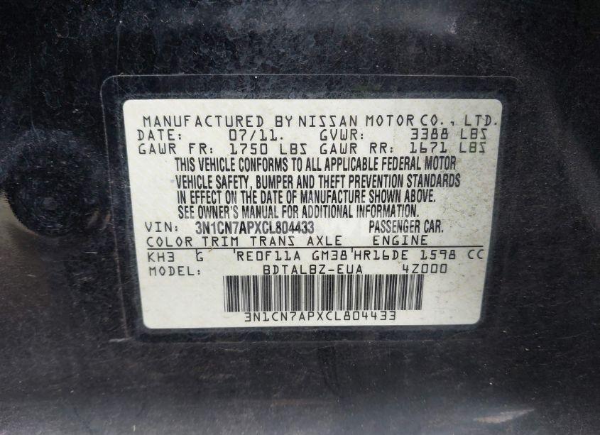 Photo 9 of 2012 Nissan Versa 1.6 SV (VIN 3N1CN7APXCL804433)