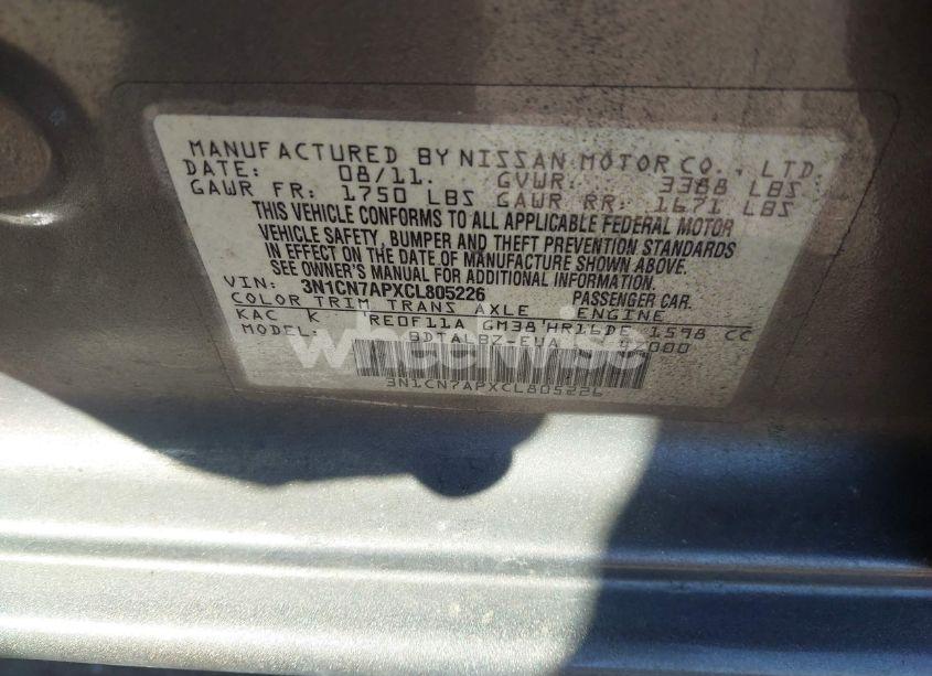 Photo 9 of 2012 Nissan Versa 1.6 SV (VIN 3N1CN7APXCL805226)