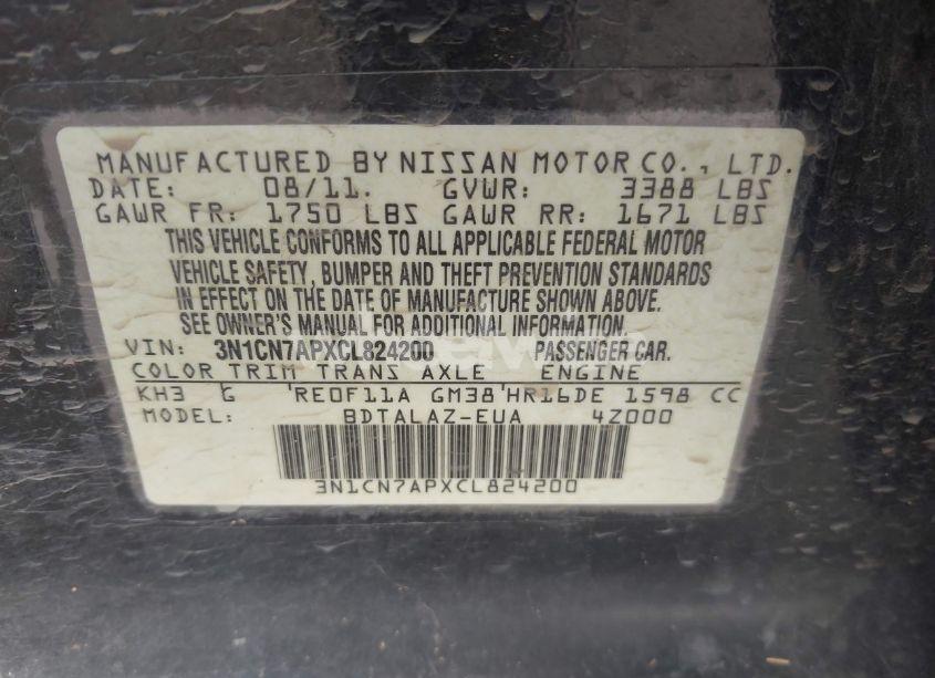 Photo 9 of 2012 Nissan Versa 1.6 S (VIN 3N1CN7APXCL824200)