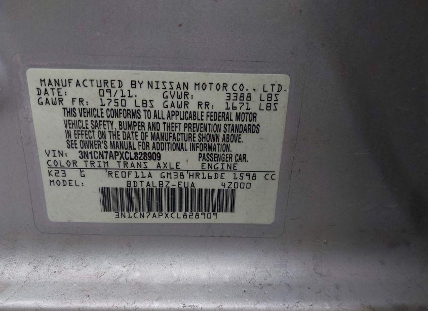 Photo 9 of 2012 Nissan Versa 1.6 SV (VIN 3N1CN7APXCL828909)