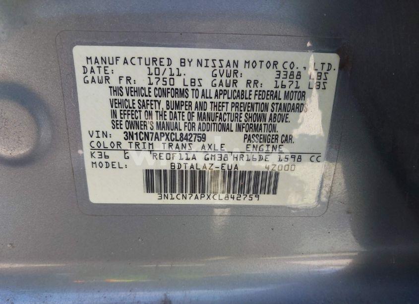 Photo 9 of 2012 Nissan Versa 1.6 S (VIN 3N1CN7APXCL842759)