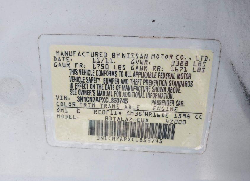 Photo 9 of 2012 Nissan Versa 1.6 S (VIN 3N1CN7APXCL853745)