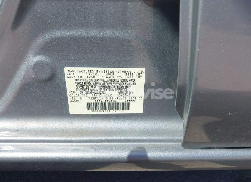 Photo 9 of 2012 Nissan Versa 1.6 SV (VIN 3N1CN7APXCL873722)