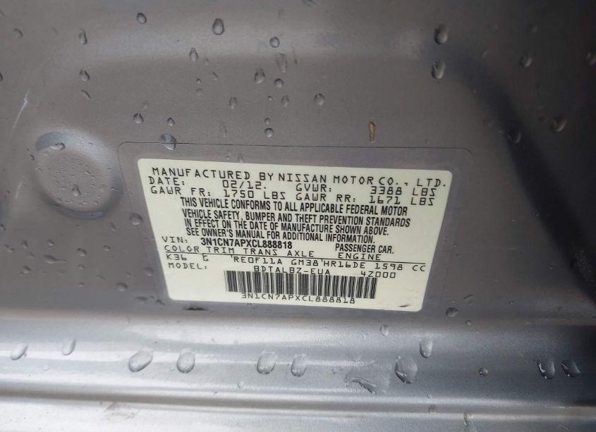 Photo 9 of 2012 Nissan Versa 1.6 SV (VIN 3N1CN7APXCL888818)