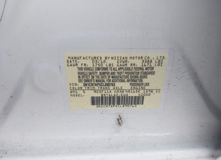 Photo 9 of 2012 Nissan Versa 1.6 S (VIN 3N1CN7APXCL890763)