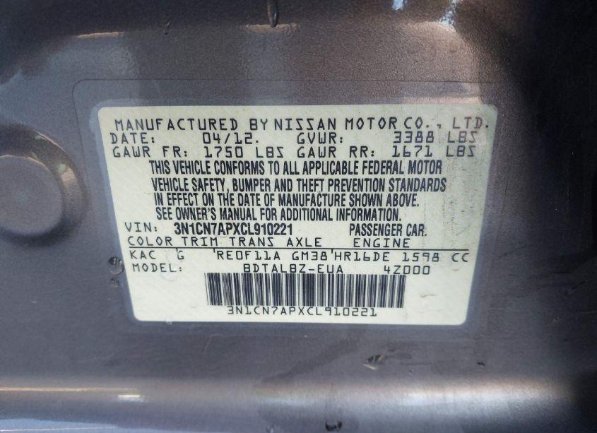 Photo 9 of 2012 Nissan Versa 1.6 SV (VIN 3N1CN7APXCL910221)