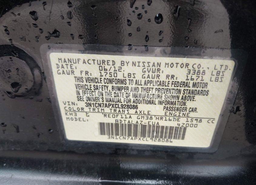 Photo 9 of 2012 Nissan Versa 1.6 S (VIN 3N1CN7APXCL928086)