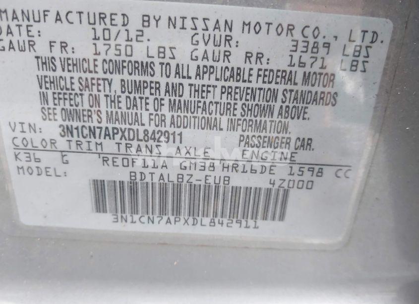 Photo 9 of 2013 Nissan Versa 1.6 SV (VIN 3N1CN7APXDL842911)