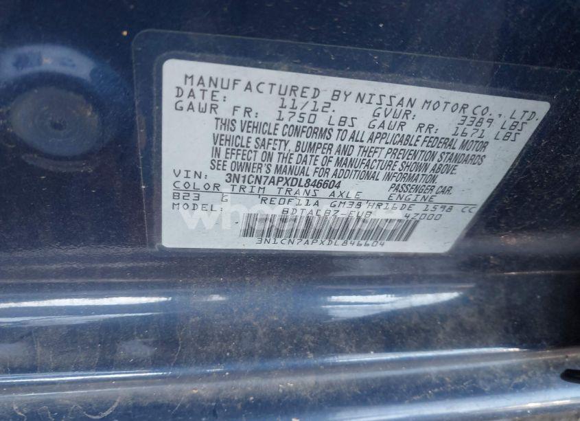 Photo 9 of 2013 Nissan Versa 1.6 SV (VIN 3N1CN7APXDL846604)