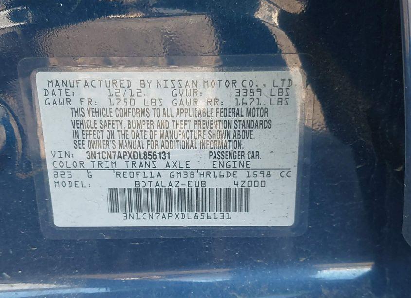 Photo 9 of 2013 Nissan Versa 1.6 S+ (VIN 3N1CN7APXDL856131)