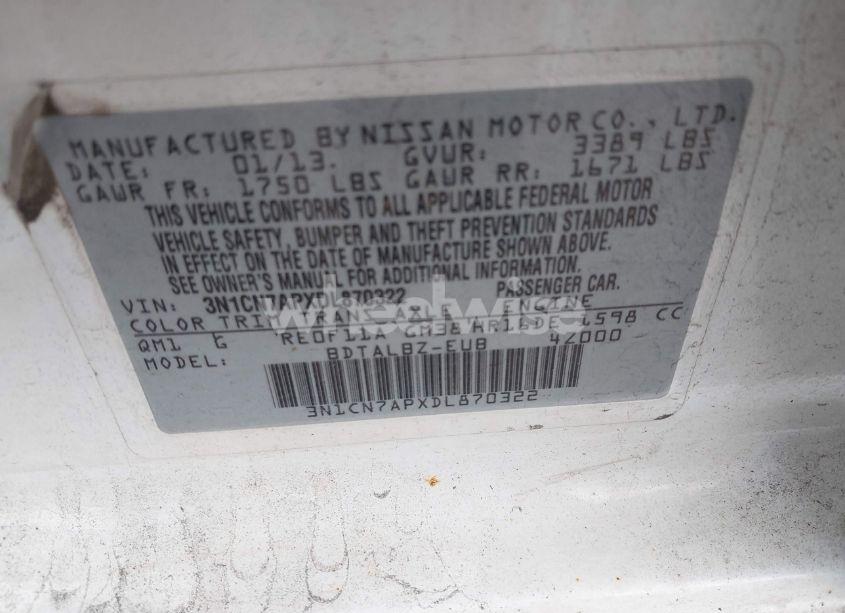 Photo 9 of 2013 Nissan Versa 1.6 SV (VIN 3N1CN7APXDL870322)