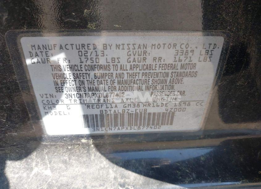 Photo 9 of 2013 Nissan Versa 1.6 SV (VIN 3N1CN7APXDL877402)