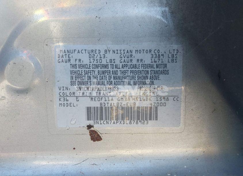 Photo 9 of 2013 Nissan Versa 1.6 SV (VIN 3N1CN7APXDL878923)