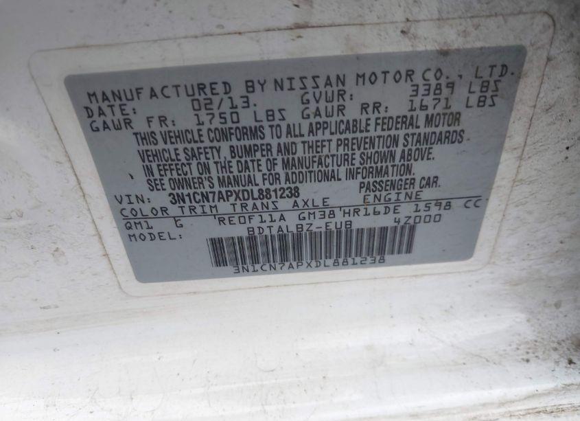 Photo 9 of 2013 Nissan Versa 1.6 SV (VIN 3N1CN7APXDL881238)