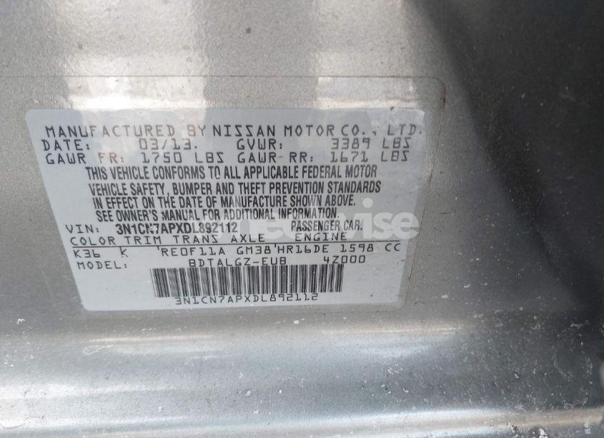 Photo 9 of 2013 Nissan Versa 1.6 SL (VIN 3N1CN7APXDL892112)