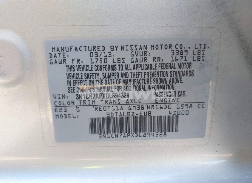 Photo 9 of 2013 Nissan Versa 1.6 SV (VIN 3N1CN7APXDL894328)