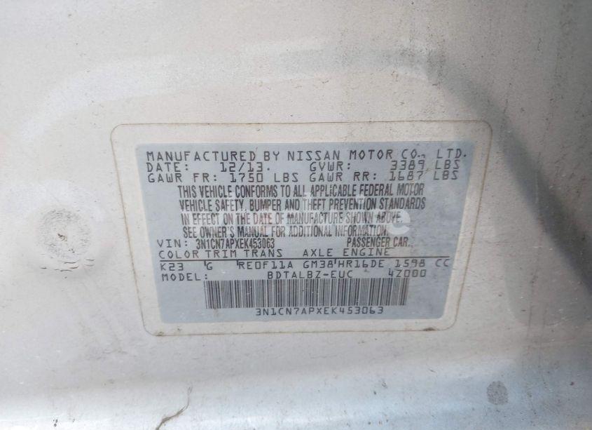 Photo 9 of 2014 Nissan Versa 1.6 S/1.6 S+/1.6 SL/1.6 SV (VIN 3N1CN7APXEK453063)