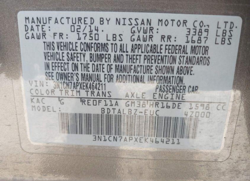 Photo 9 of 2014 Nissan Versa 1.6 S/1.6 S+/1.6 SL/1.6 SV (VIN 3N1CN7APXEK464211)