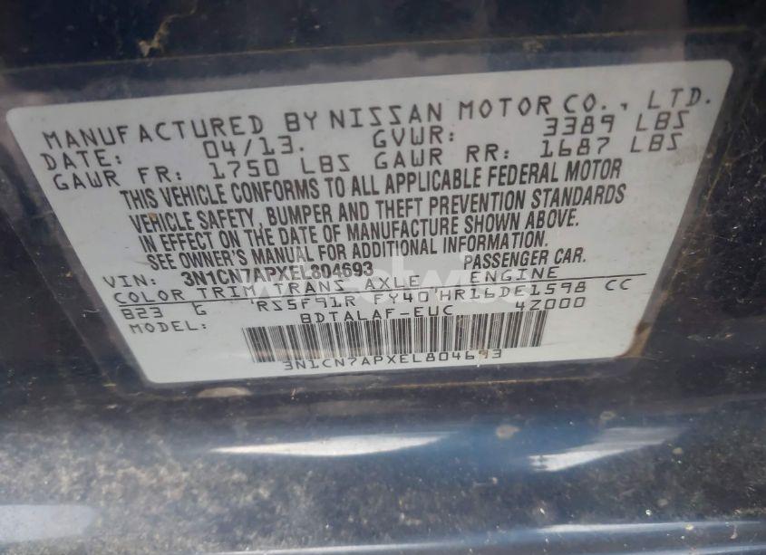 Photo 9 of 2014 Nissan Versa 1.6 S (VIN 3N1CN7APXEL804693)