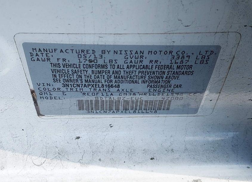 Photo 9 of 2014 Nissan Versa 1.6 SV (VIN 3N1CN7APXEL816648)