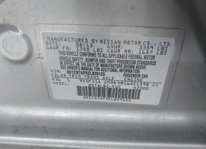 Photo 9 of 2014 Nissan Versa 1.6 SV (VIN 3N1CN7APXEL829125)