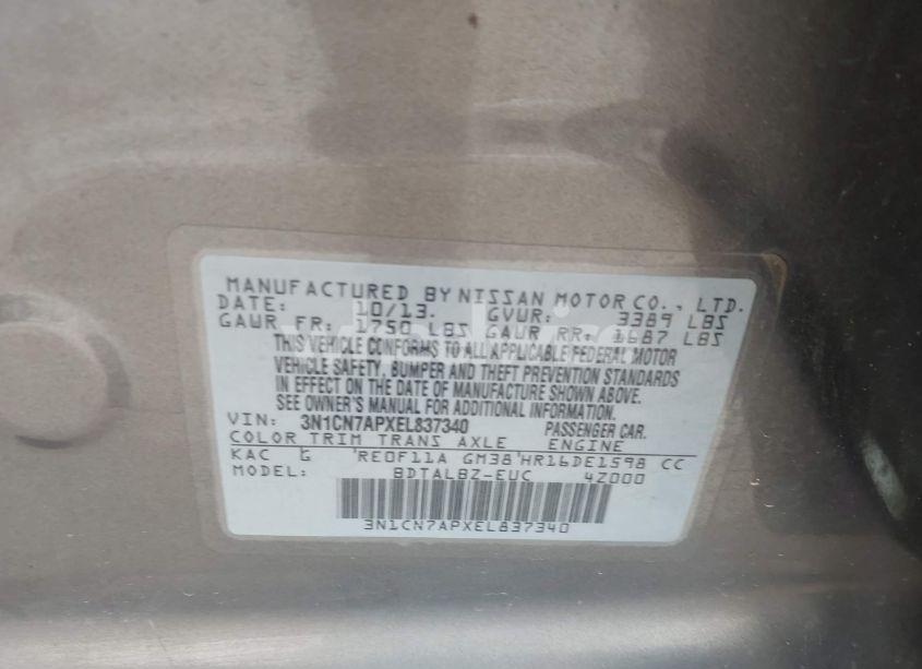 Photo 9 of 2014 Nissan Versa 1.6 SV (VIN 3N1CN7APXEL837340)