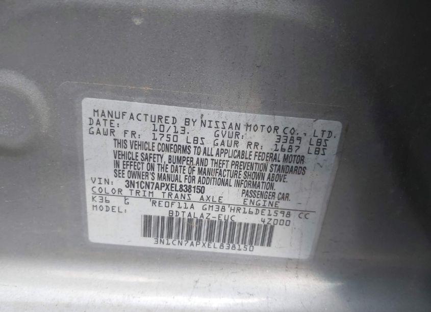 Photo 9 of 2014 Nissan Versa 1.6 S+ (VIN 3N1CN7APXEL838150)