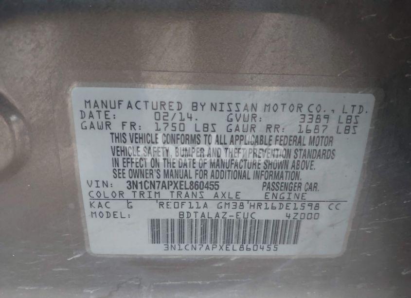 Photo 9 of 2014 Nissan Versa 1.6 S+ (VIN 3N1CN7APXEL860455)