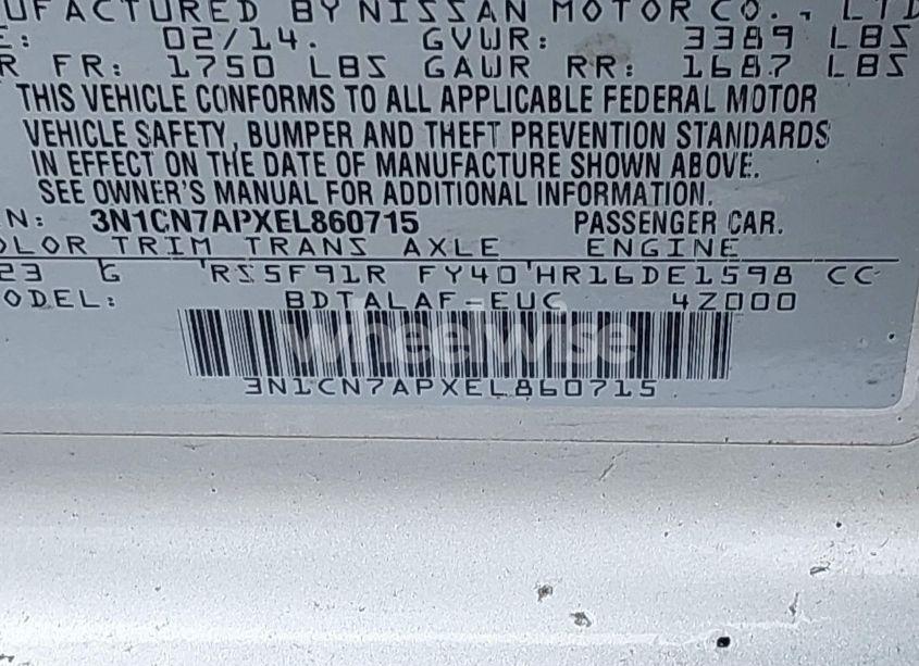 Photo 9 of 2014 Nissan Versa 1.6 S (VIN 3N1CN7APXEL860715)