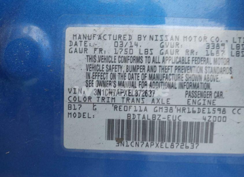 Photo 9 of 2014 Nissan Versa 1.6 S/1.6 S+/1.6 SL/1.6 SV (VIN 3N1CN7APXEL872637)