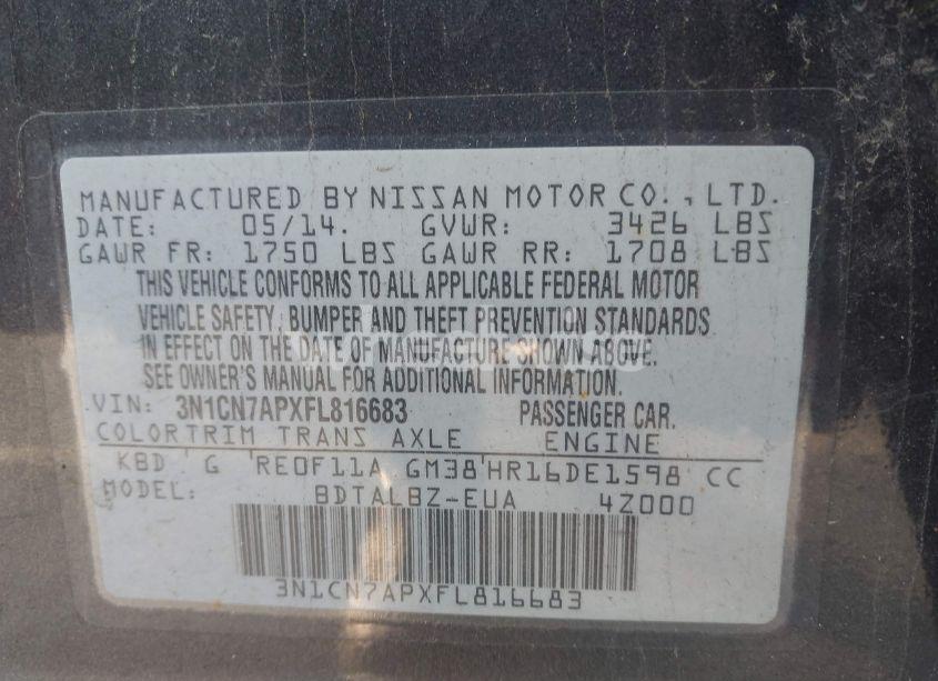 Photo 8 of 2015 Nissan Versa 1.6 S/1.6 S+/1.6 SL/1.6 SV (VIN 3N1CN7APXFL816683)