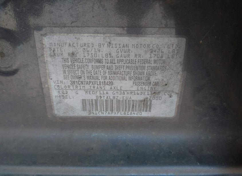 Photo 9 of 2015 Nissan Versa 1.6 SV (VIN 3N1CN7APXFL818420)