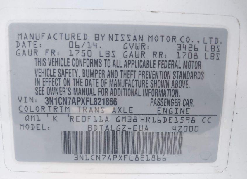 Photo 9 of 2015 Nissan Versa 1.6 SL (VIN 3N1CN7APXFL821866)