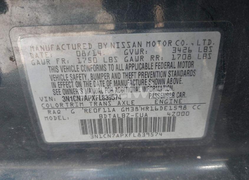 Photo 9 of 2015 Nissan Versa 1.6 S/1.6 S+/1.6 SL/1.6 SV (VIN 3N1CN7APXFL839574)