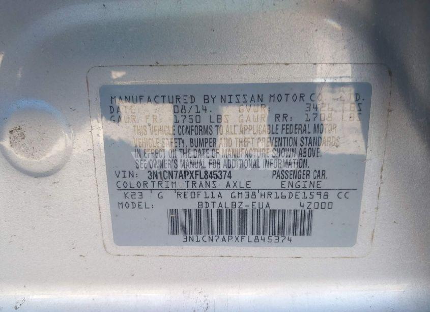 Photo 9 of 2015 Nissan Versa 1.6 SV (VIN 3N1CN7APXFL845374)